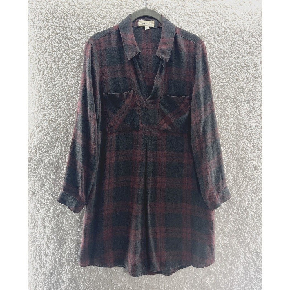 Cloth & Stone Plaid Tunic Dress Women's Small Grey Red Long Sleeve Soft Rayon